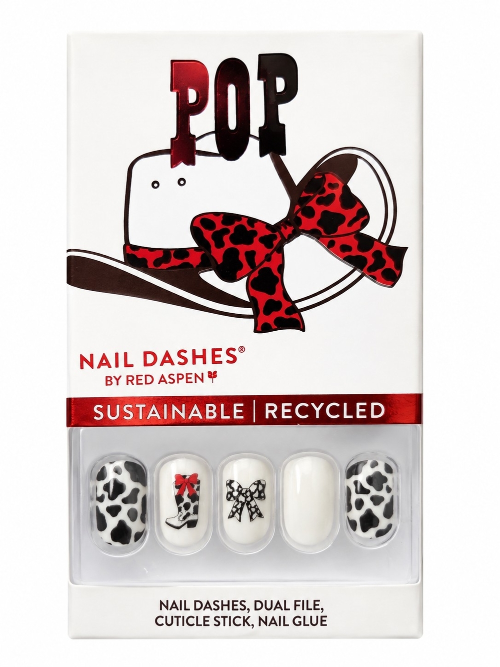Red Aspen White & Black Cow Print Press-On Nails with Red Bow Accent